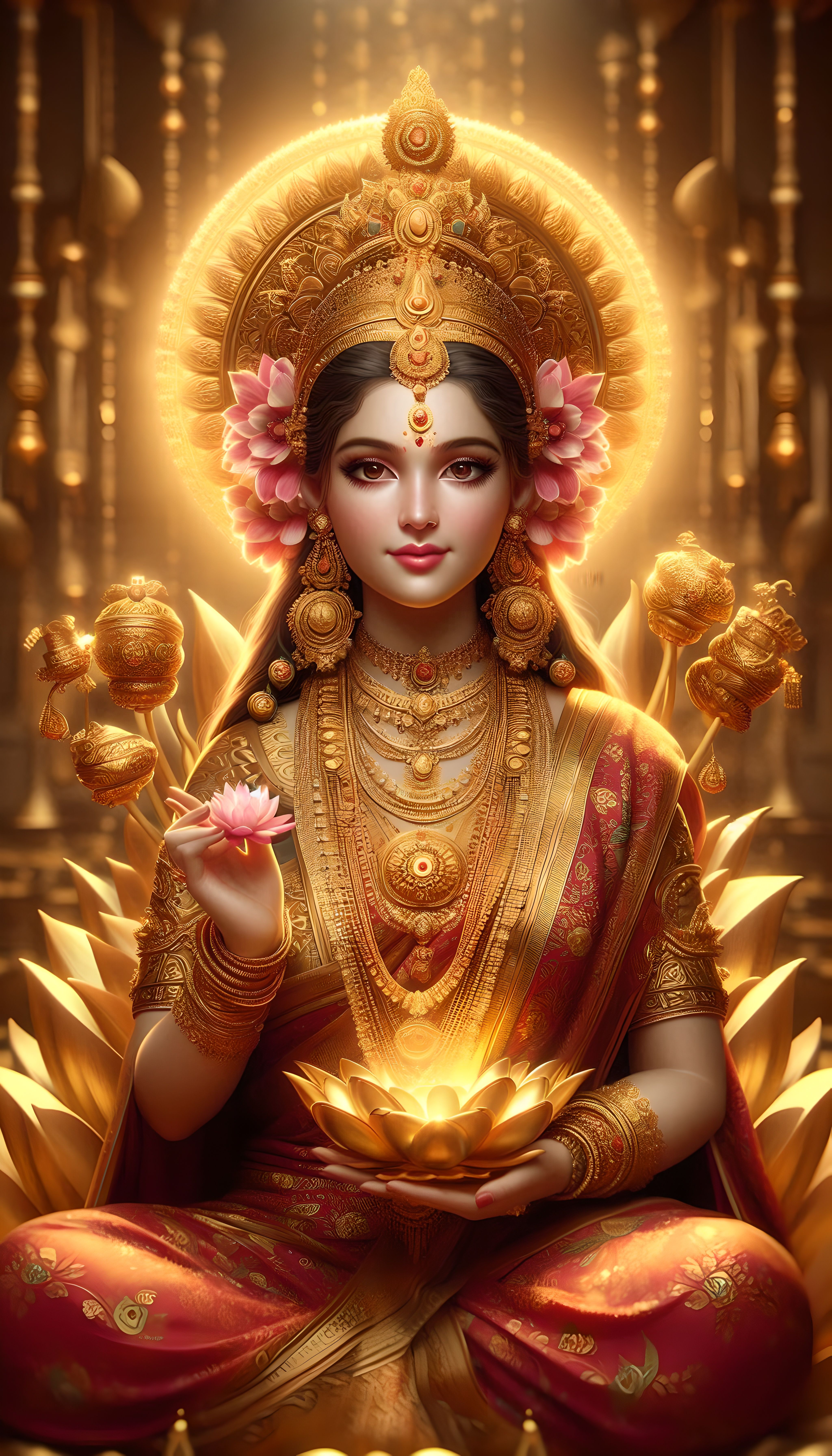 Goddess Lakshmi holding lotus flowers