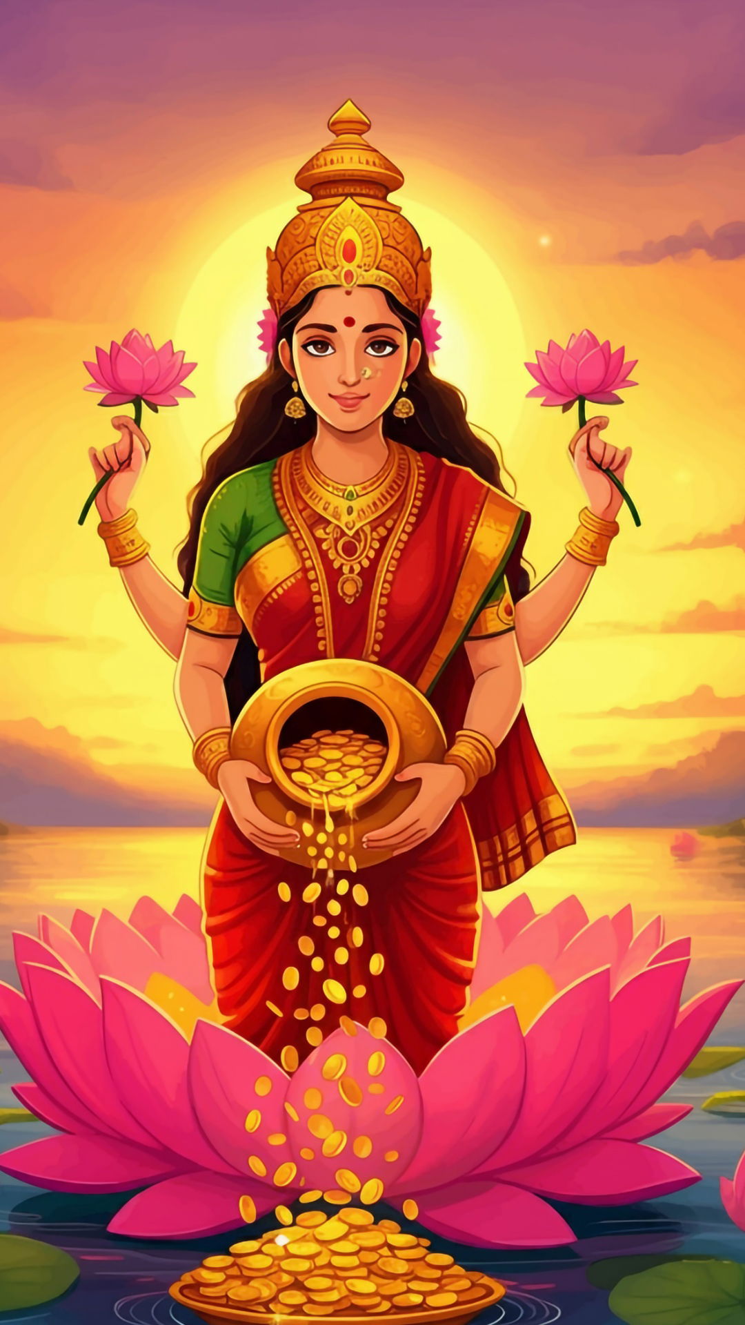 Goddess Lakshmi with lotus and gold.