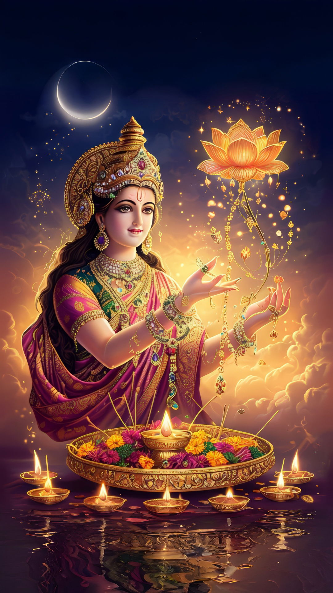 Lakshmi Maa with lotus and diyas.