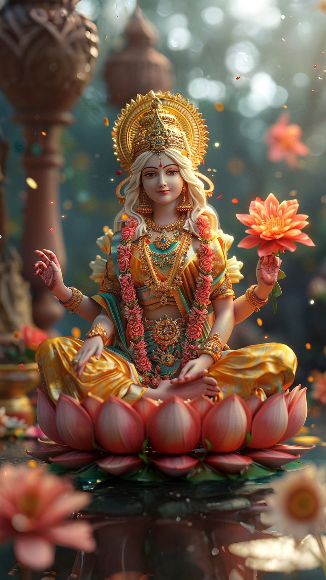 Lakshmi Maa seated on a lotus flower.