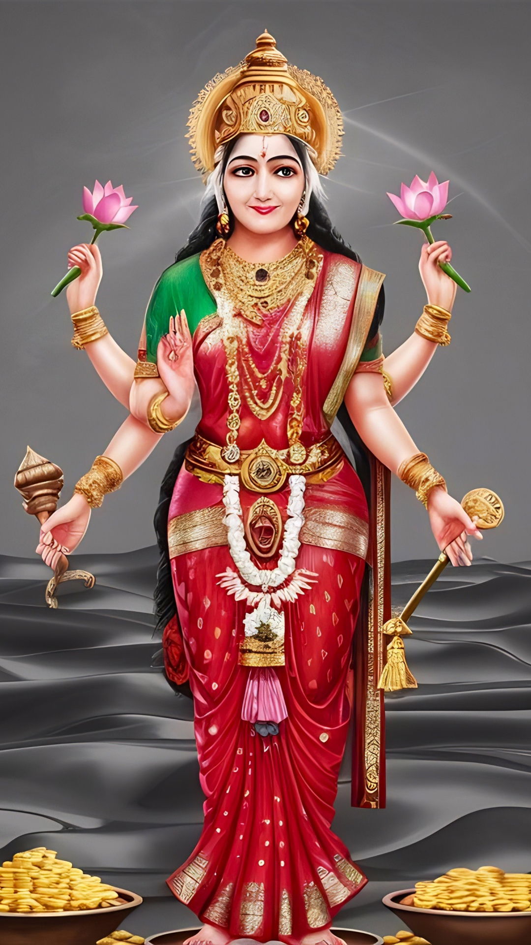 Goddess Lakshmi bestows blessings and wealth.