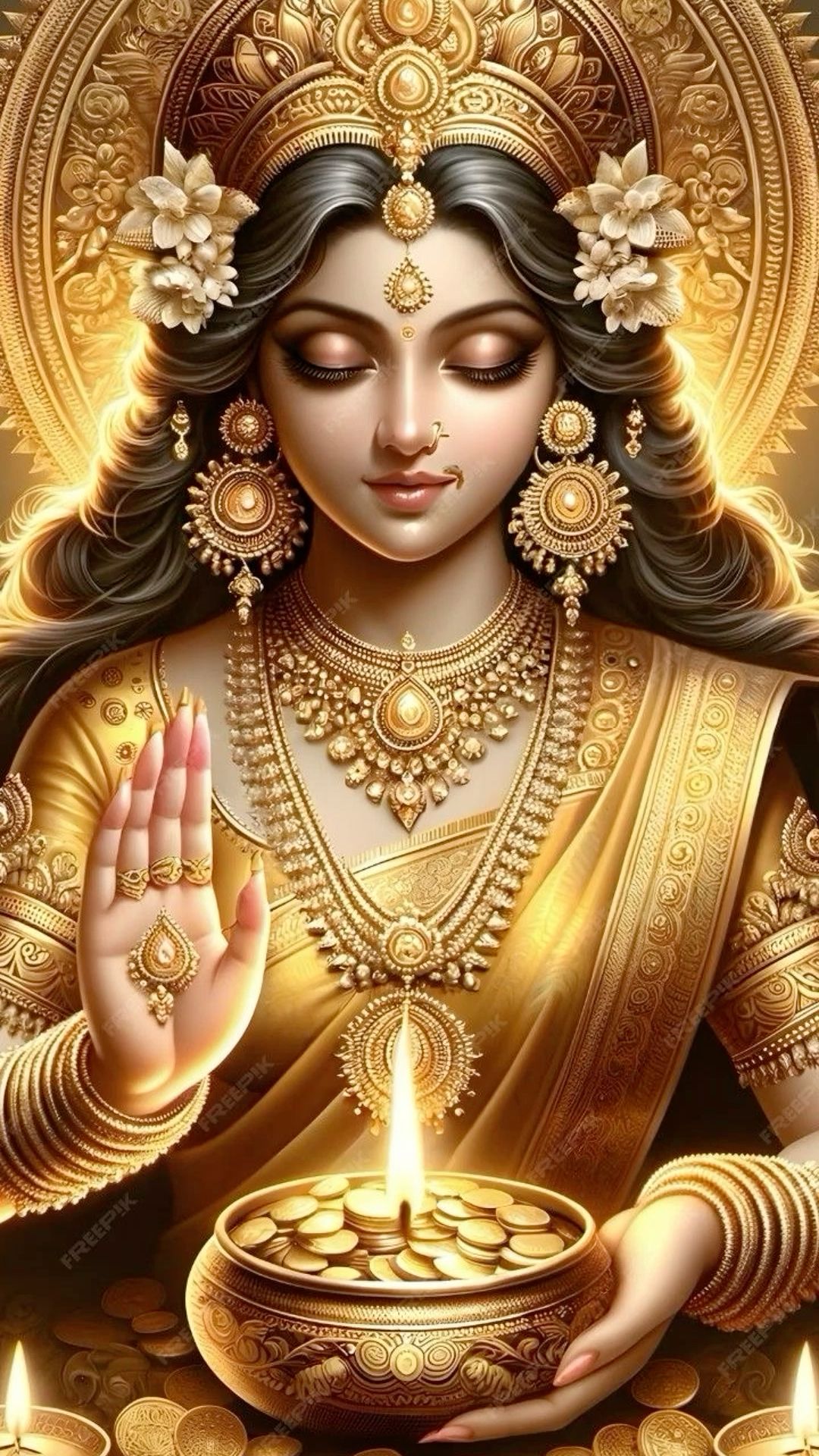 Goddess Lakshmi with golden lamp