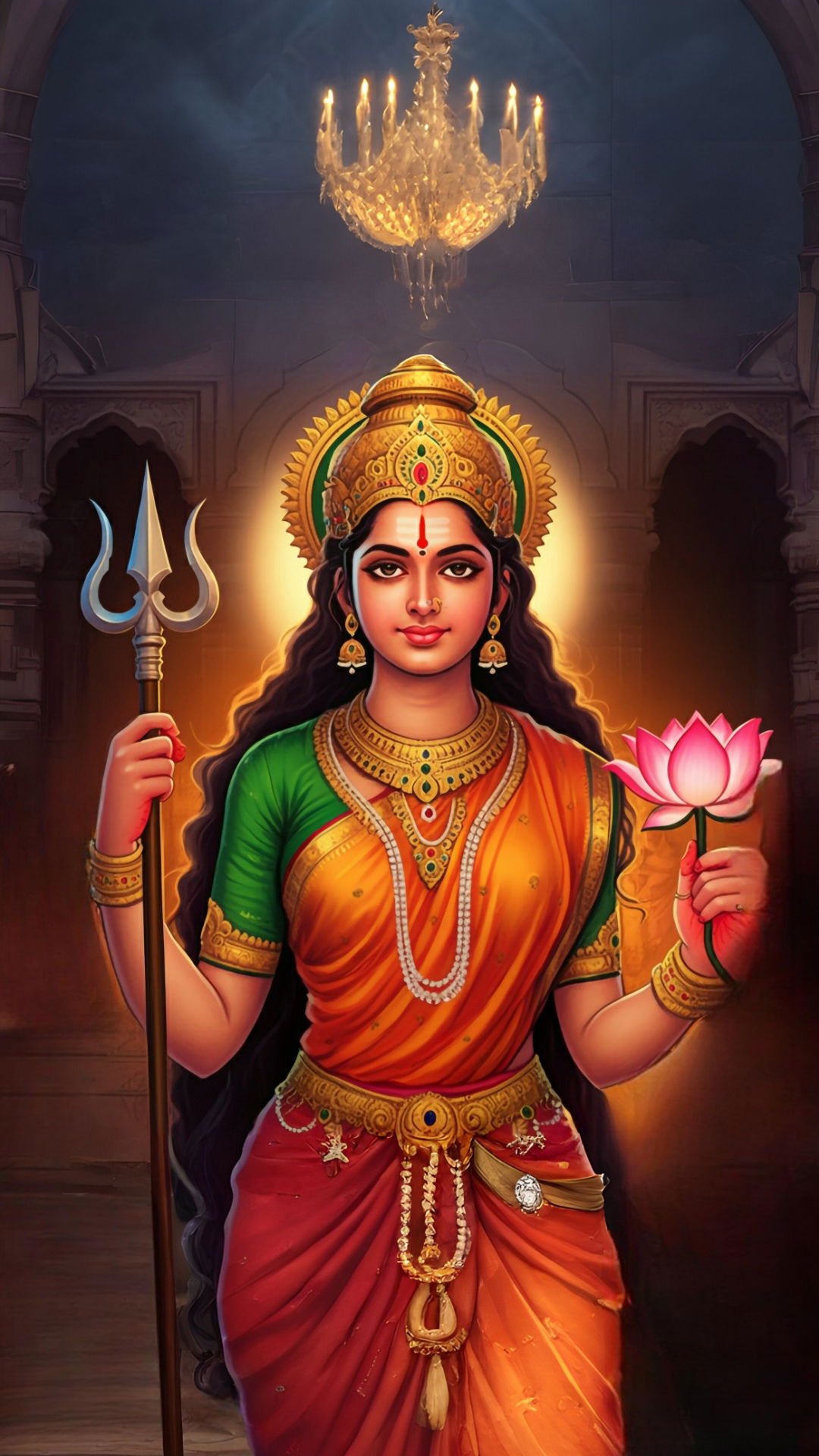 Lakshmi Maa holding lotus and trident.