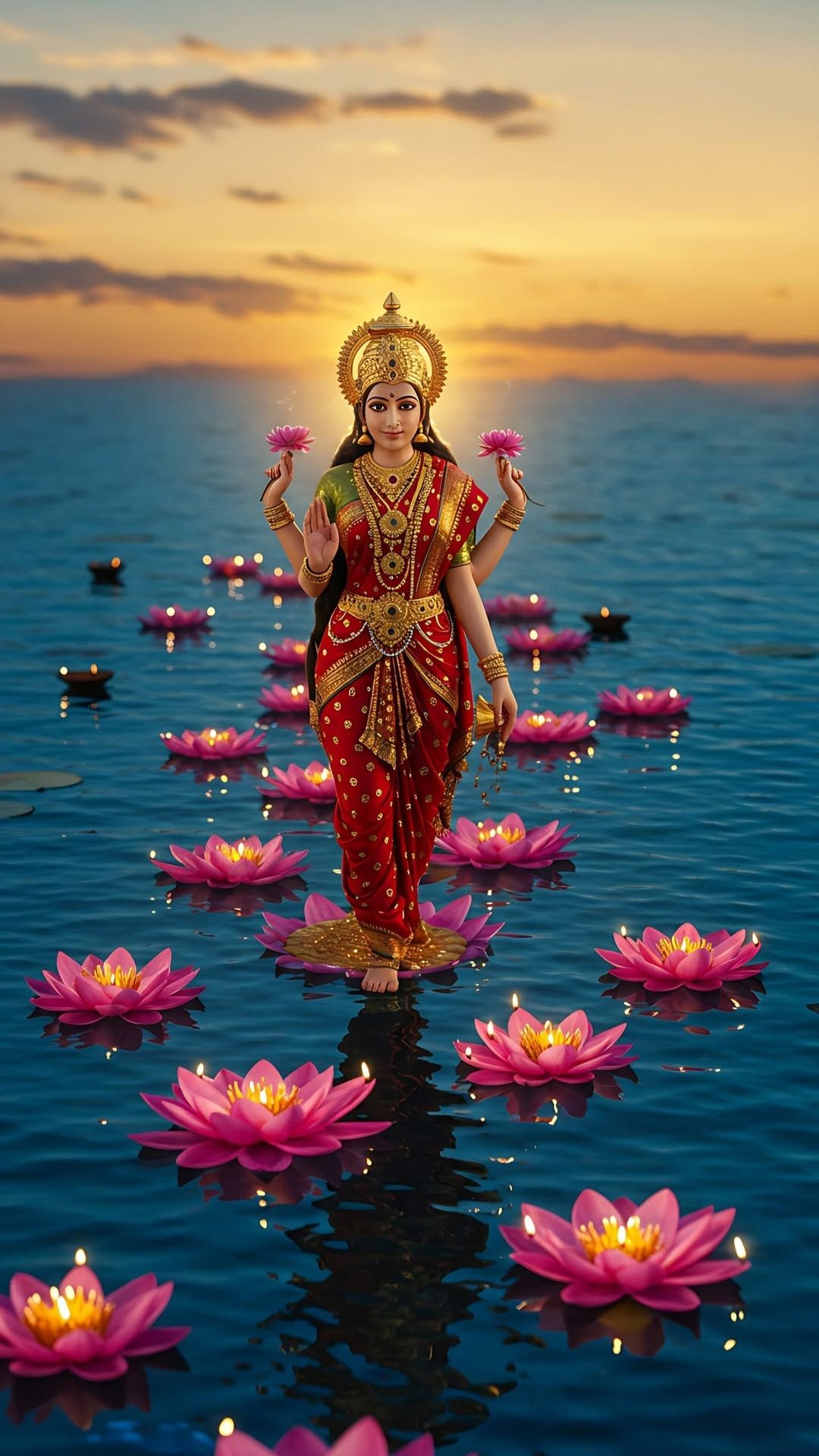 Lakshmi Maa amidst lotus flowers ocean