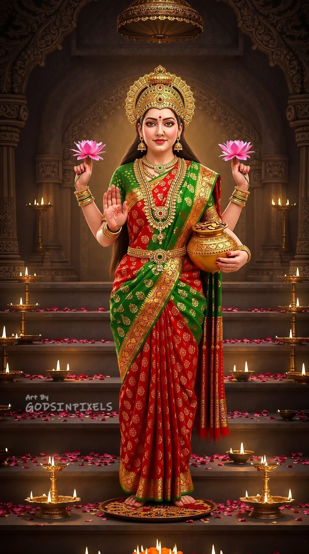Goddess Lakshmi bestowing blessings with lotuses