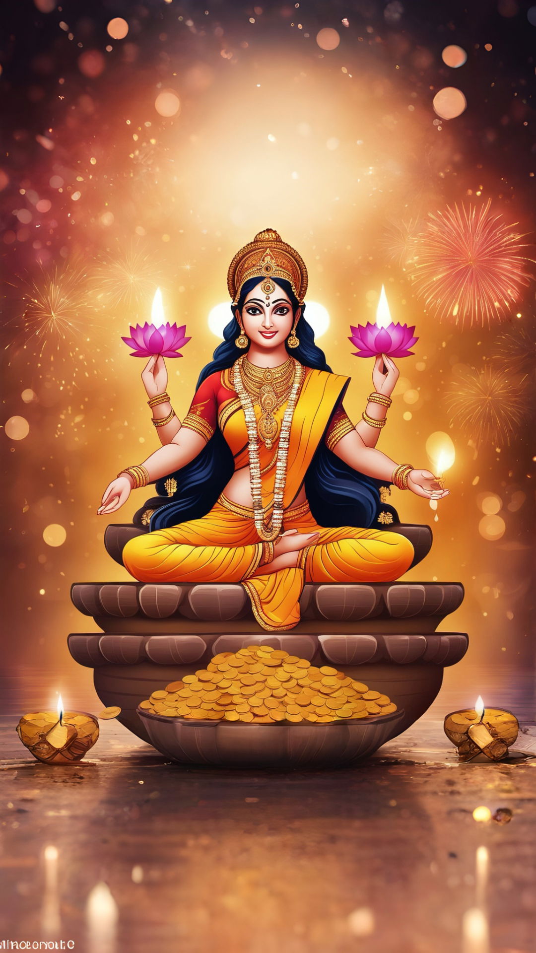 Goddess Lakshmi with lotus and gold