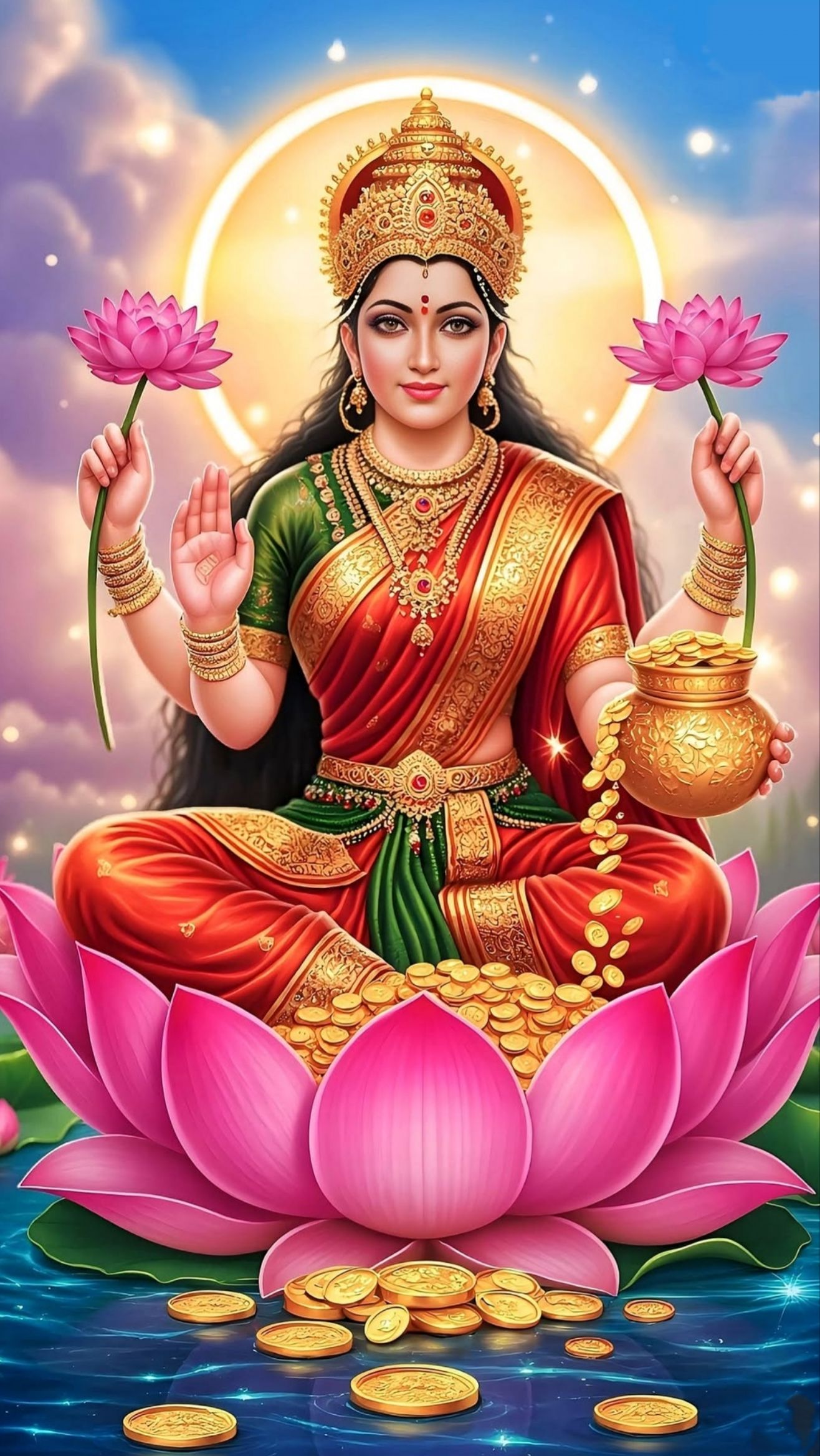Goddess Lakshmi seated on lotus flower
