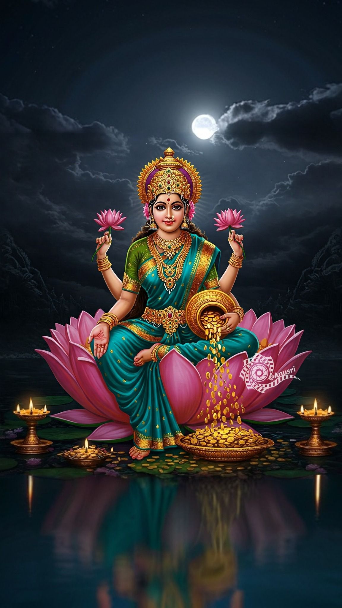 Goddess Lakshmi seated on lotus flower