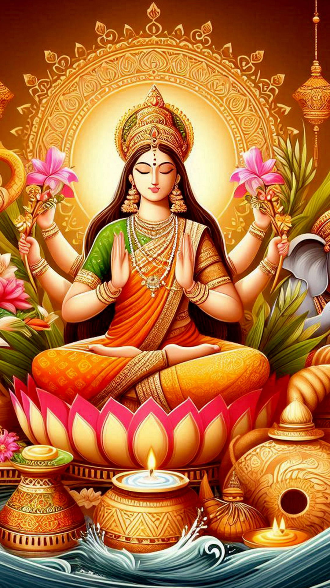 Lakshmi Maa seated on a lotus.