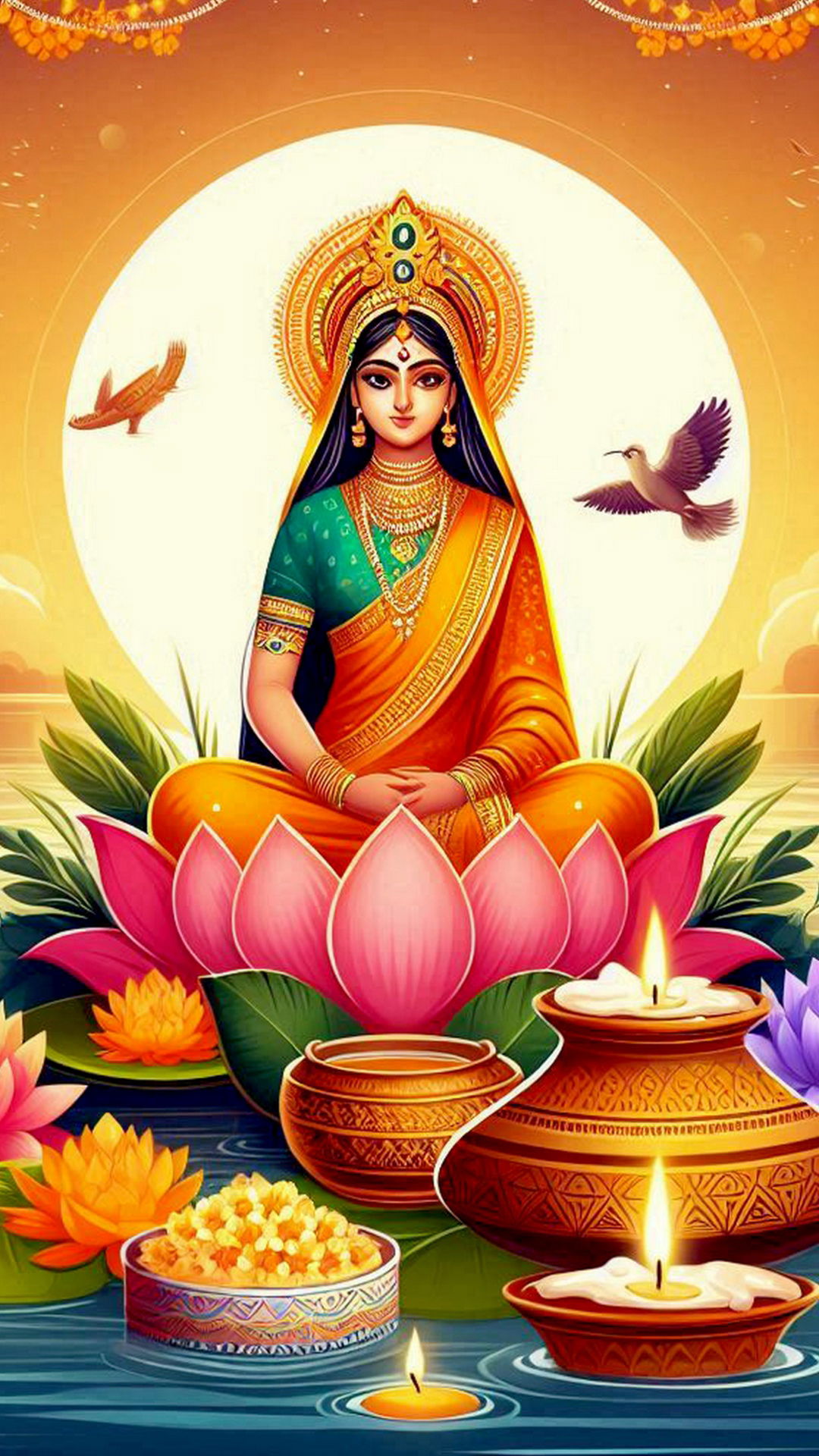 Goddess Lakshmi seated on a lotus.
