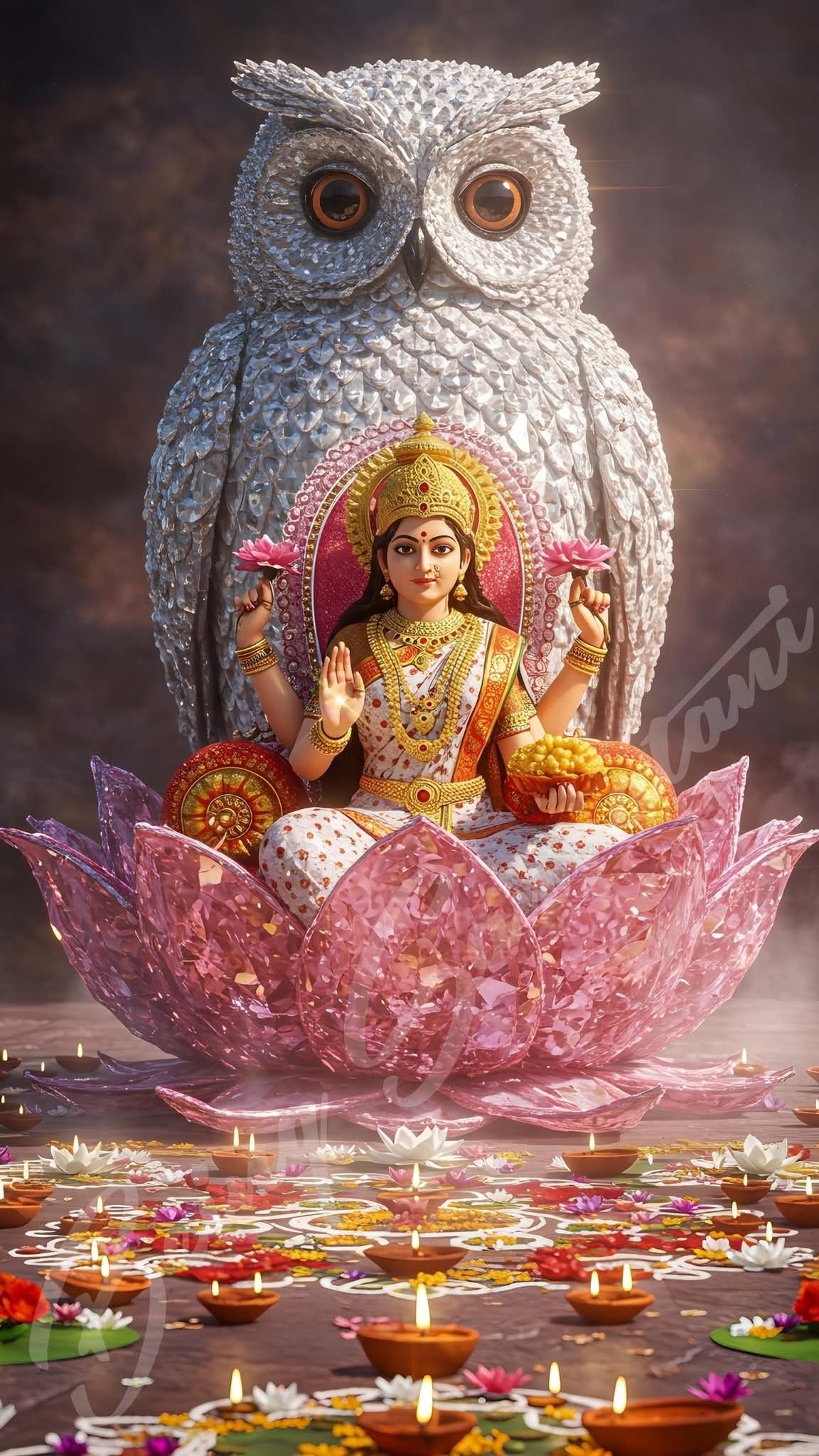Lakshmi Maa on lotus with jeweled owl