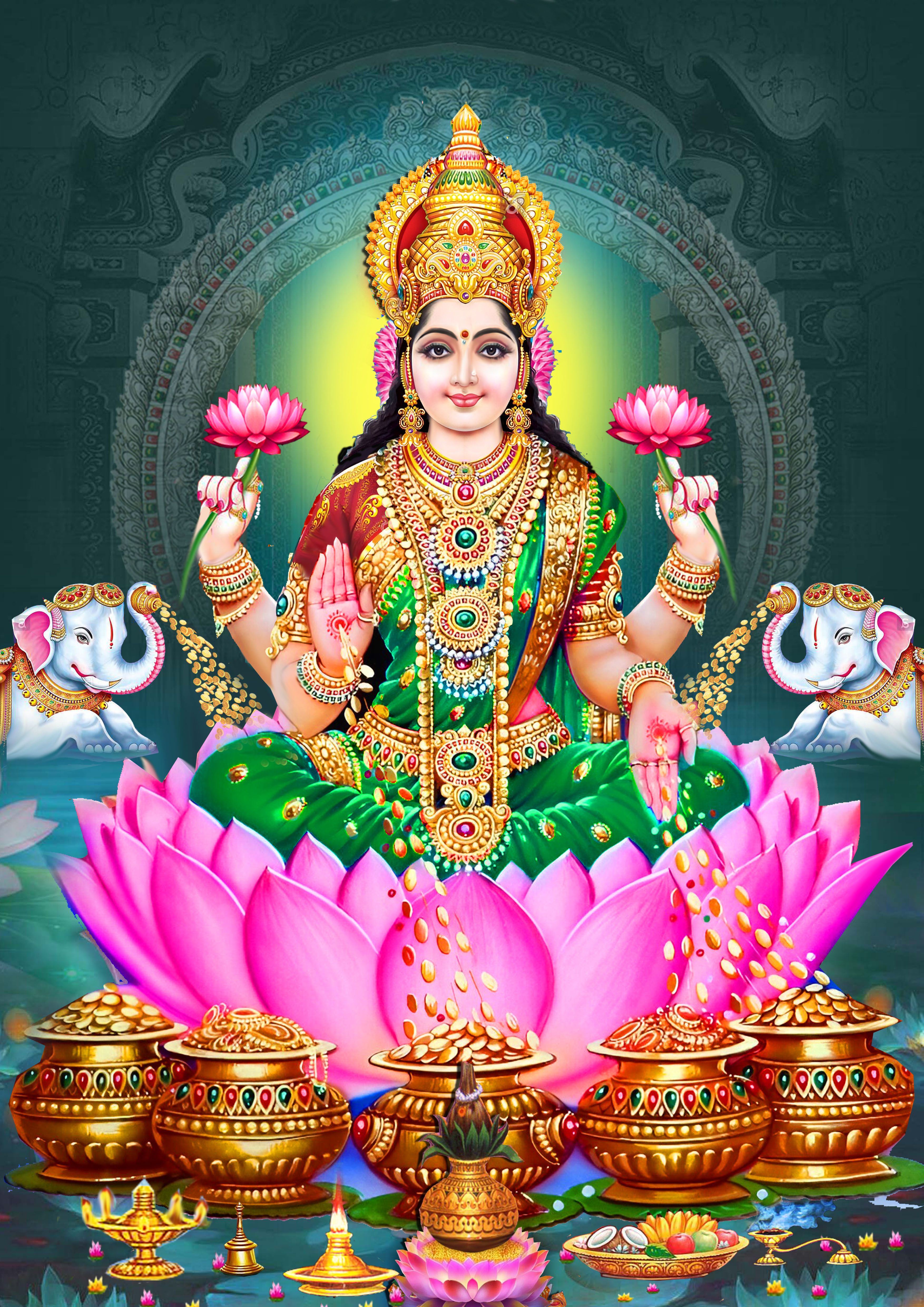 Goddess Lakshmi seated on lotus flower.