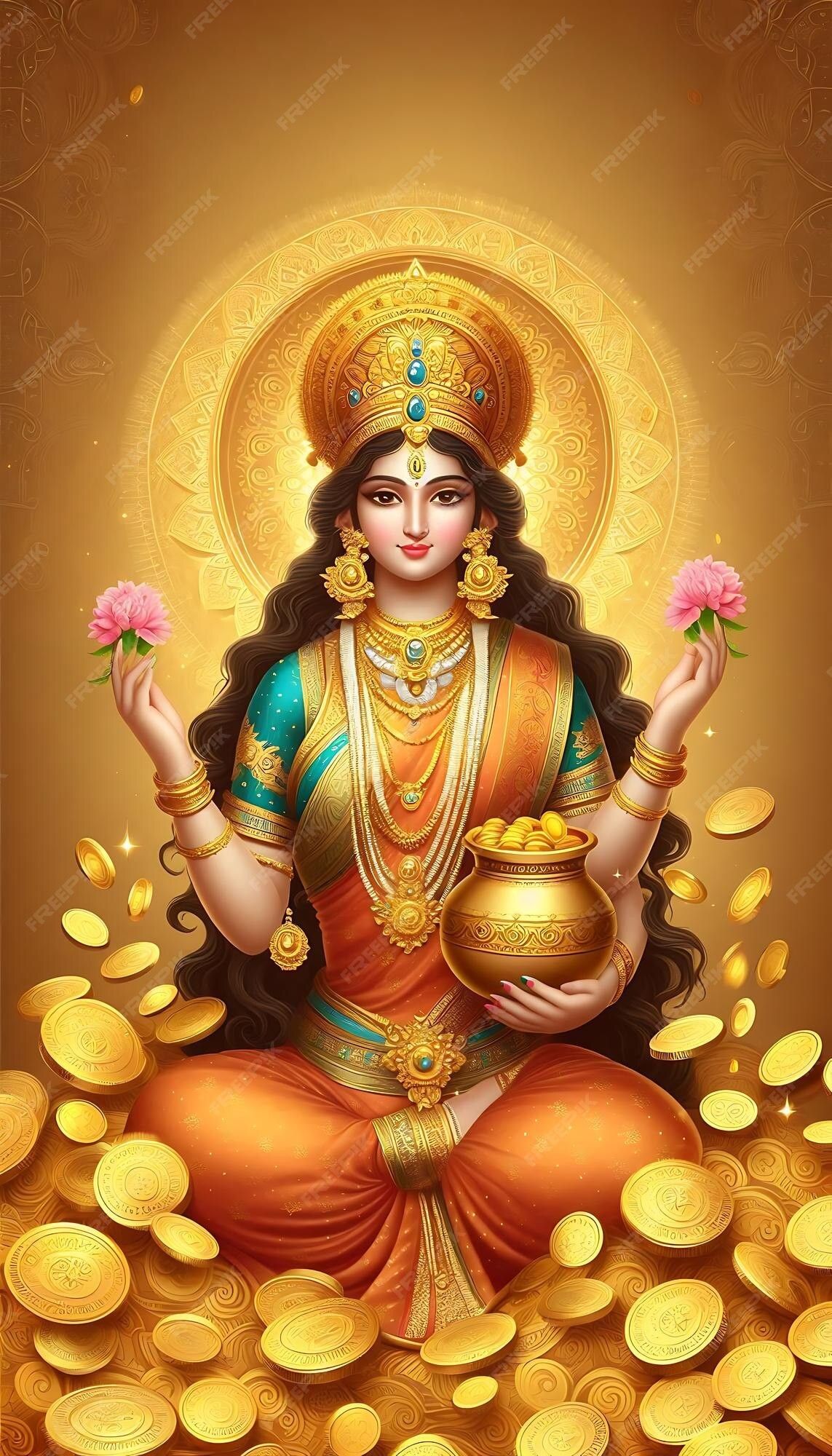 Goddess Lakshmi showering gold coins.