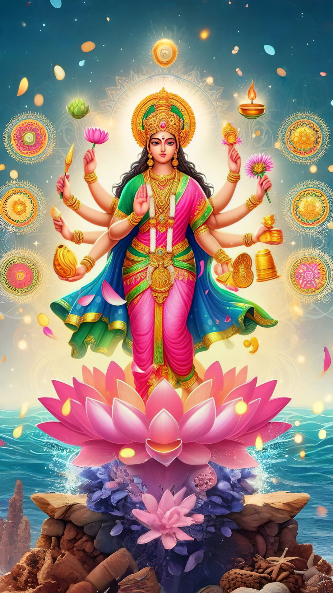 Goddess Lakshmi seated on lotus flower.