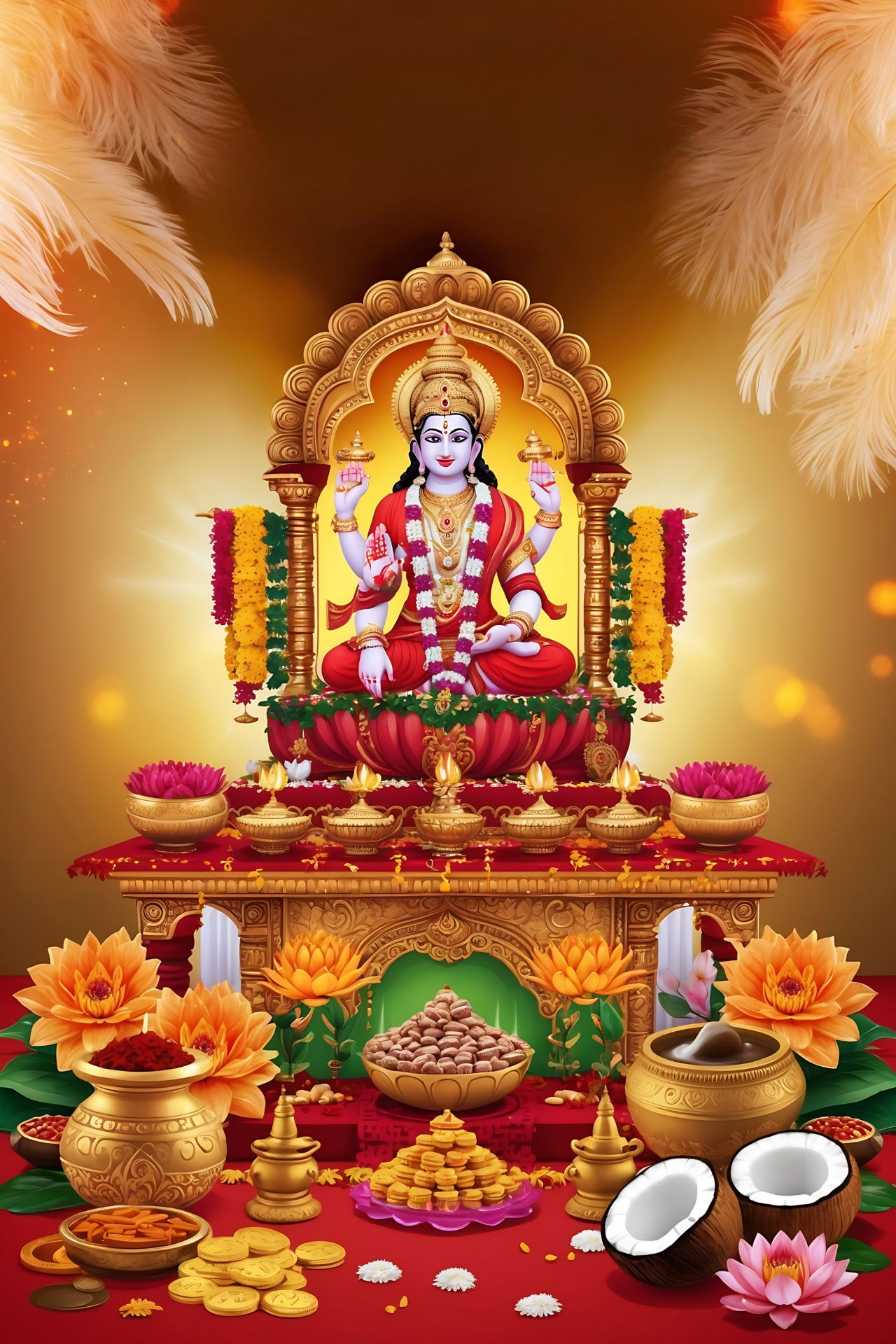 Lakshmi Maa seated on a golden throne.