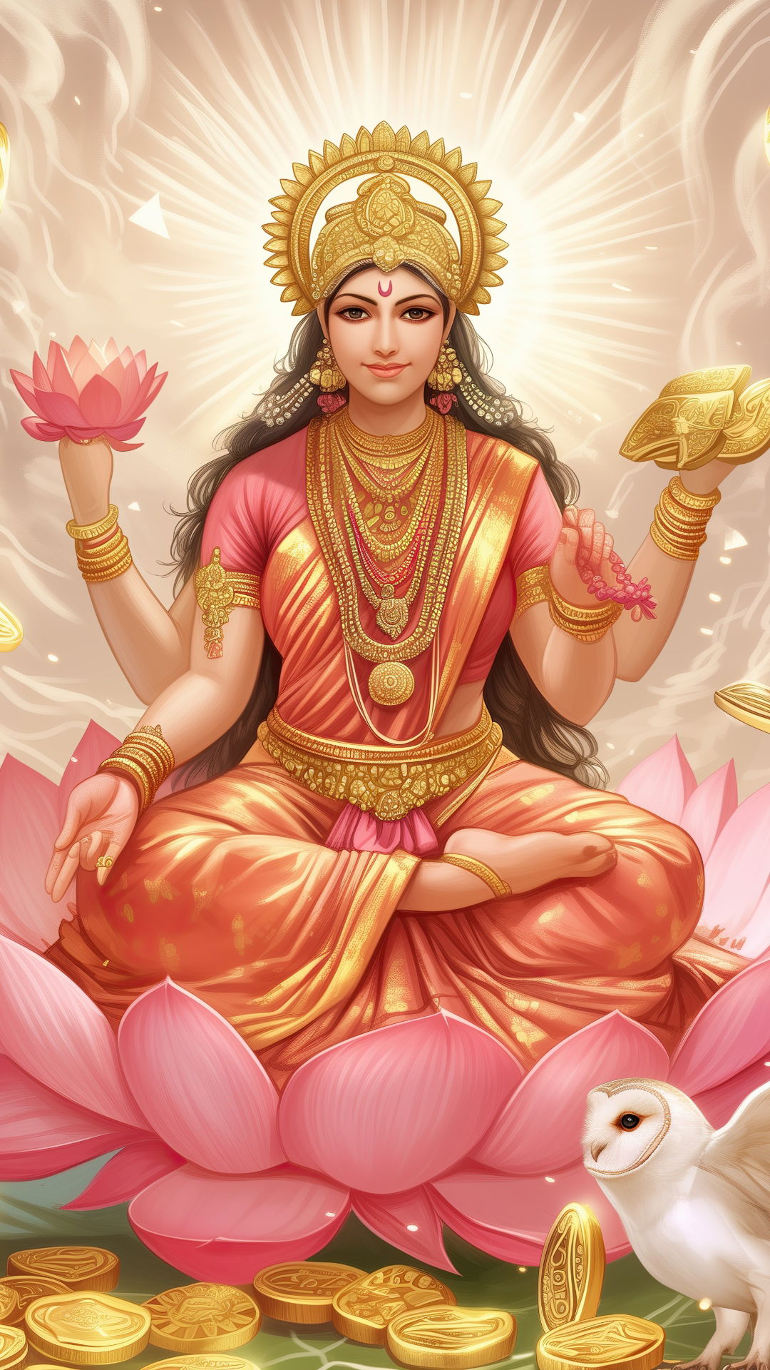 Lakshmi Maa seated on lotus, gold coins