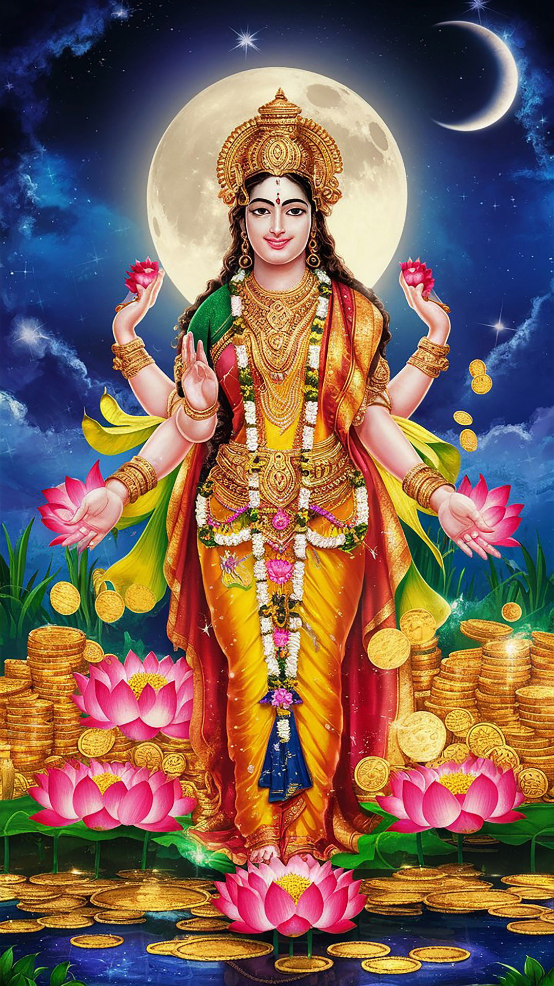 Goddess Lakshmi with lotus and gold