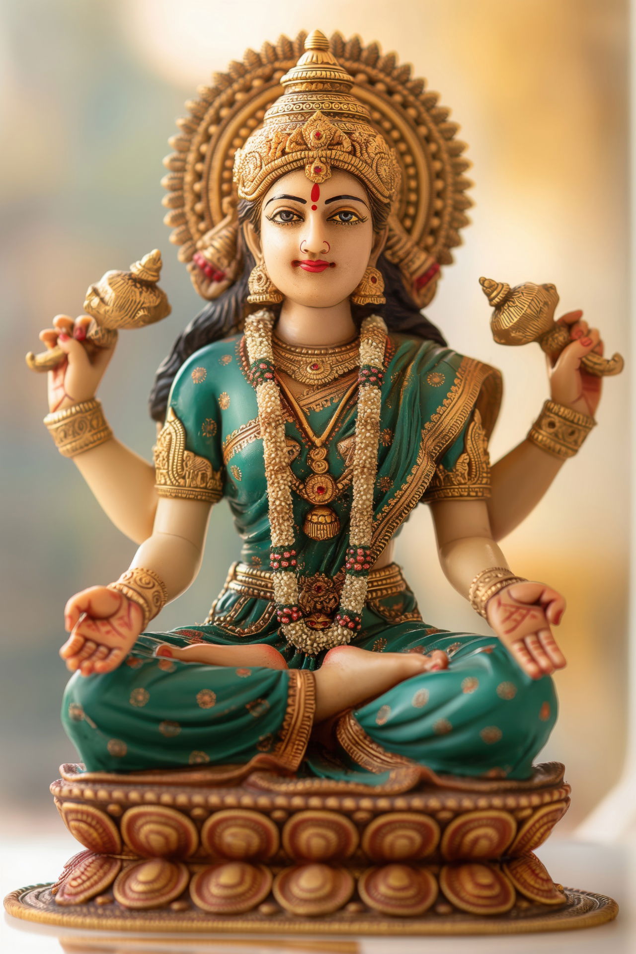 Goddess Lakshmi seated with lotus flowers