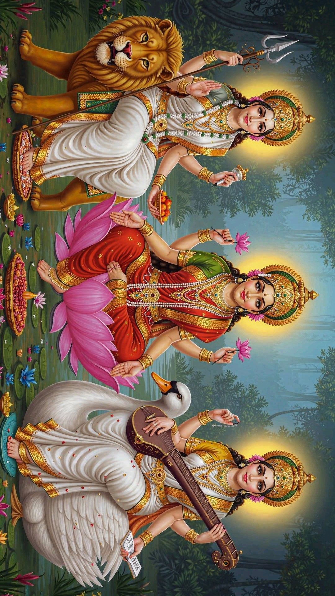Lakshmi, Saraswati, and Durga divine goddesses