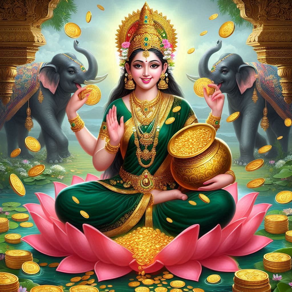 Goddess Lakshmi showering gold coins