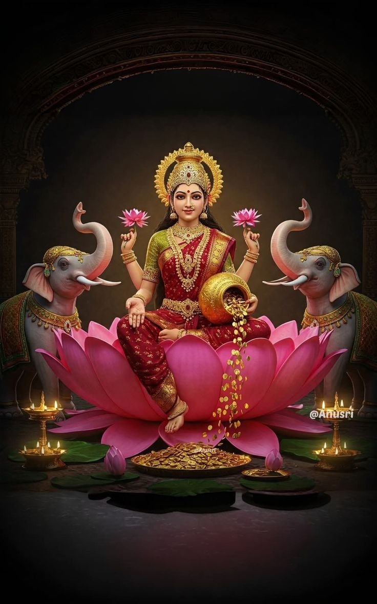 Goddess Lakshmi seated with elephants and lotuses