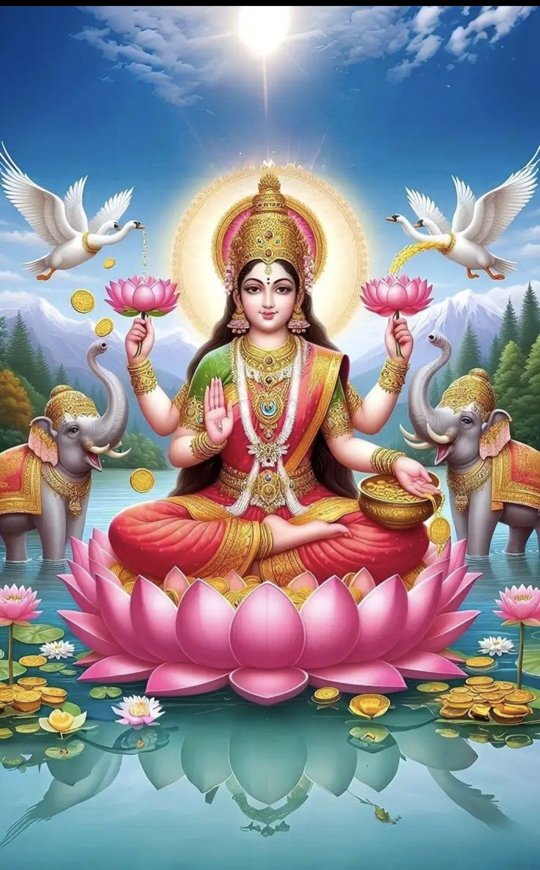 Goddess Lakshmi on lotus with elephants