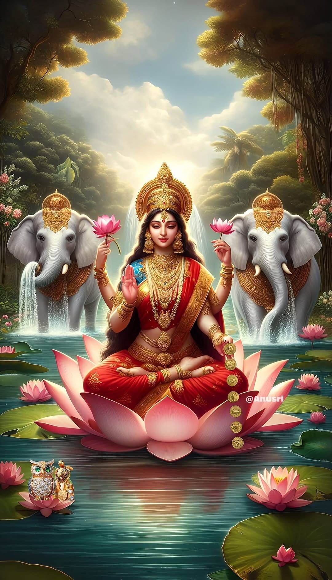 Lakshmi Maa seated on a lotus flower.