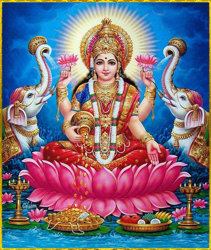 Goddess Lakshmi seated on lotus flower.