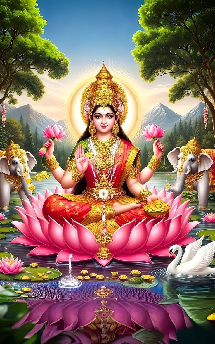 Lakshmi Maa seated on lotus with elephants