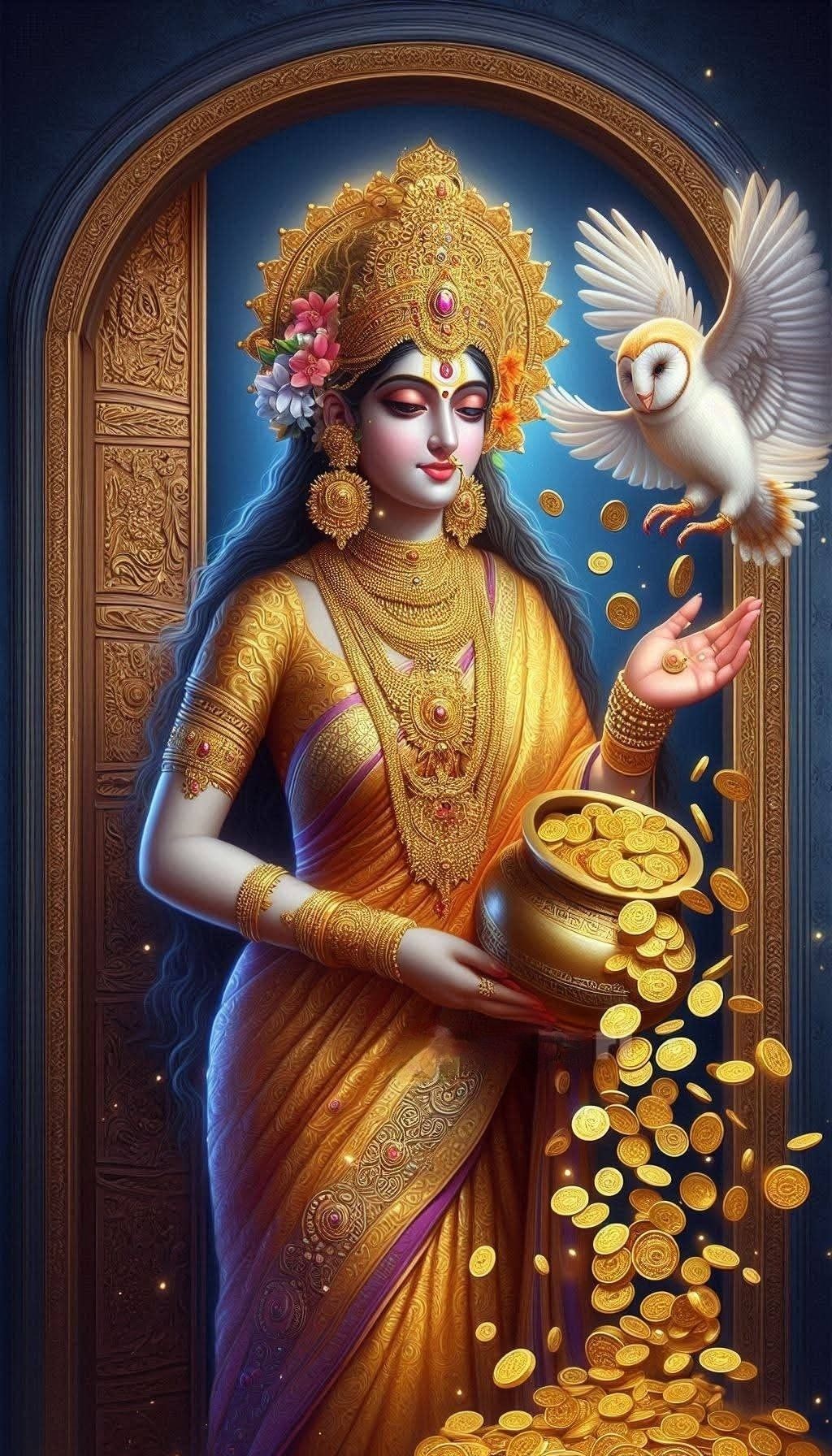 Goddess Lakshmi showering gold coins
