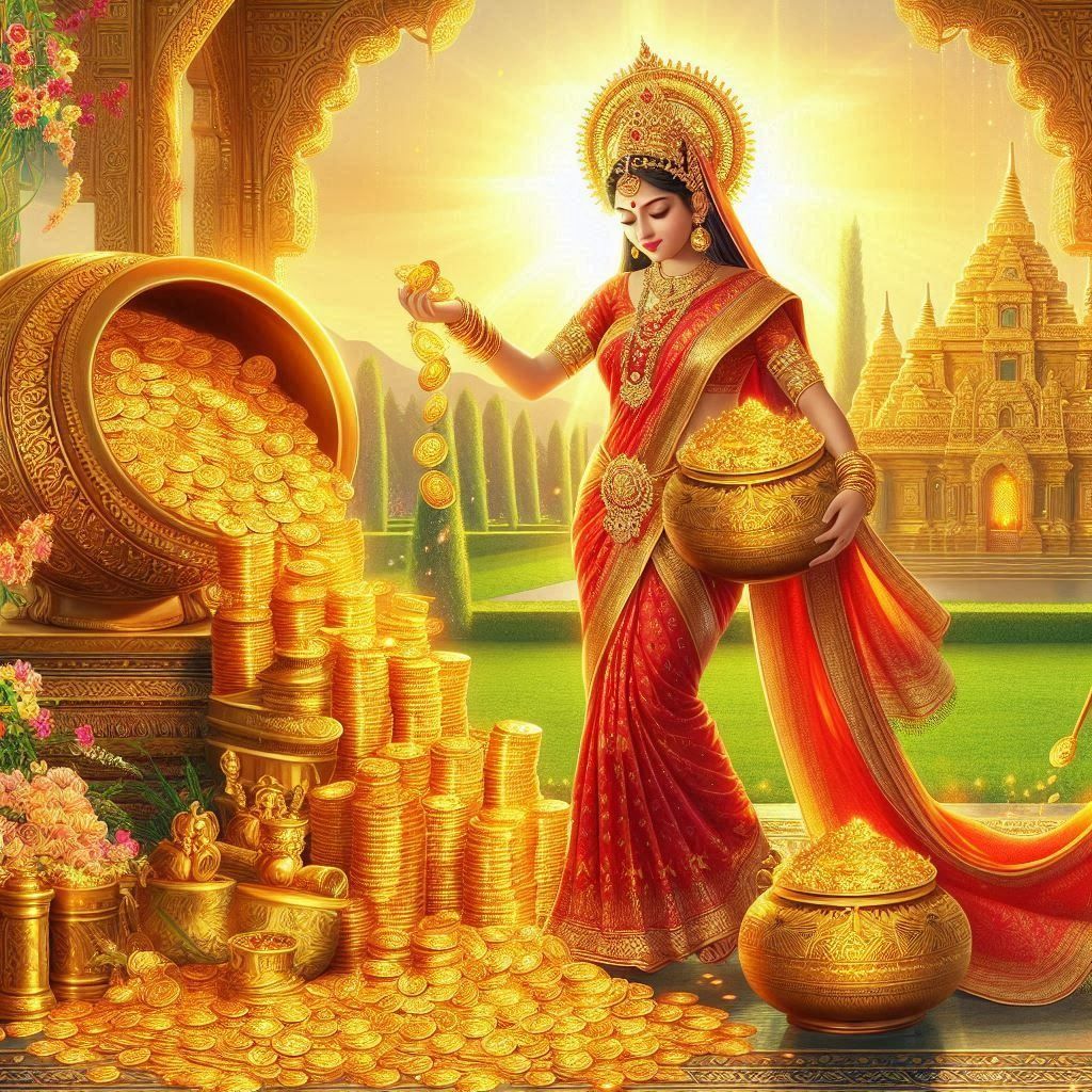 Goddess Lakshmi showering golden coins