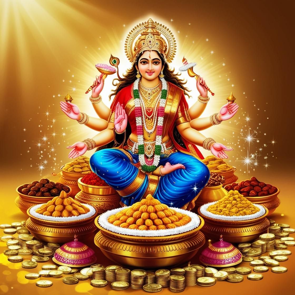 Goddess Lakshmi seated amidst gold coins.