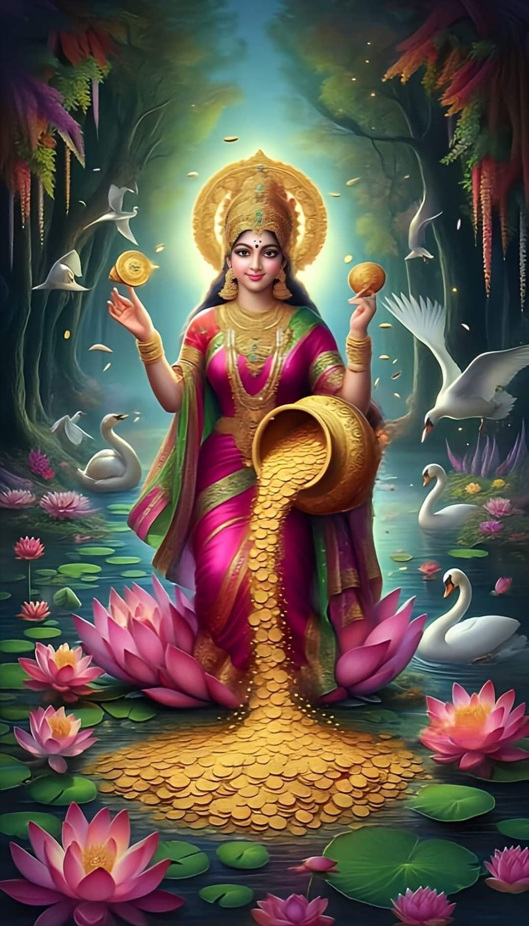 Goddess Lakshmi showering golden coins