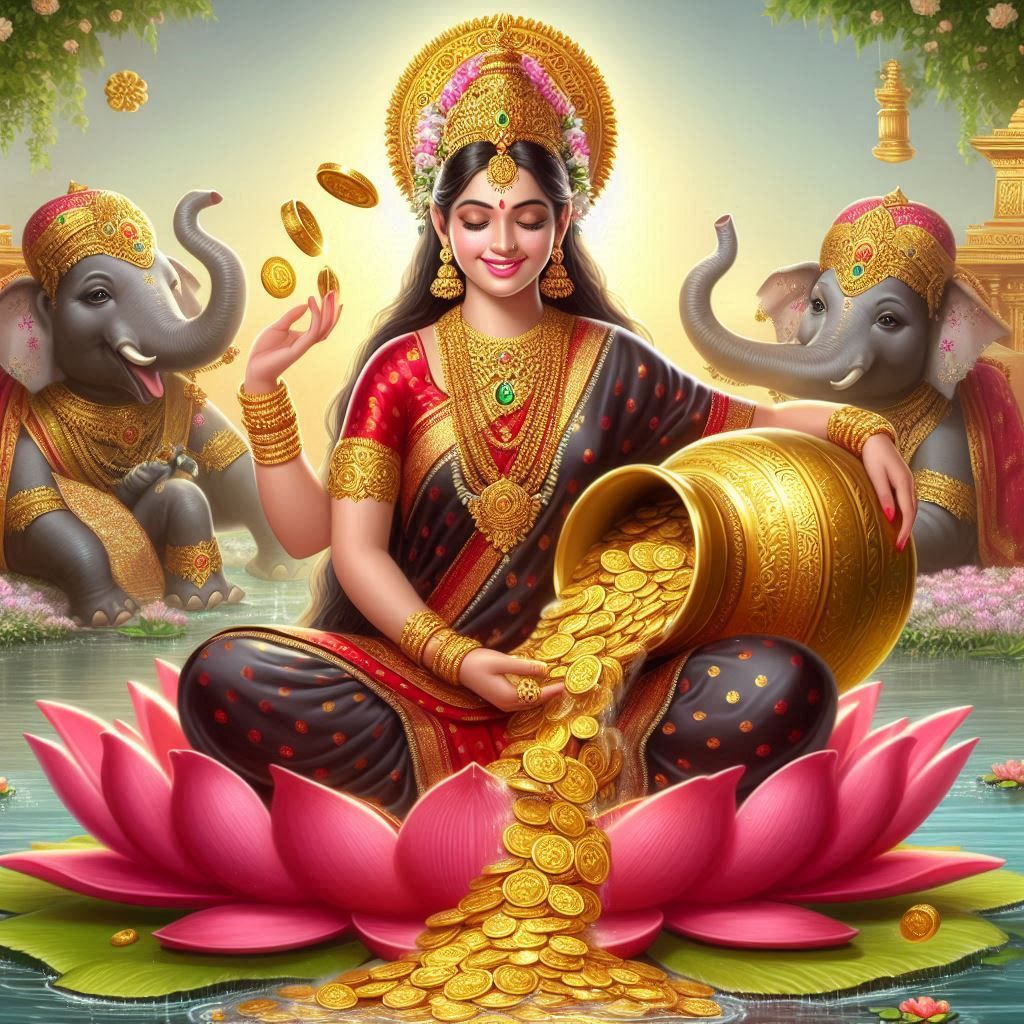 Goddess Lakshmi showering golden coins