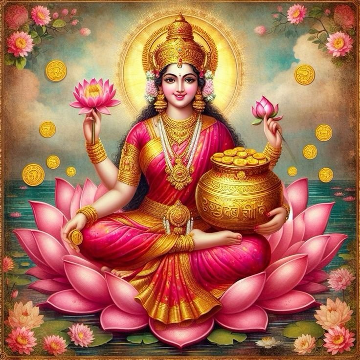 Lakshmi Maa seated on lotus flower.