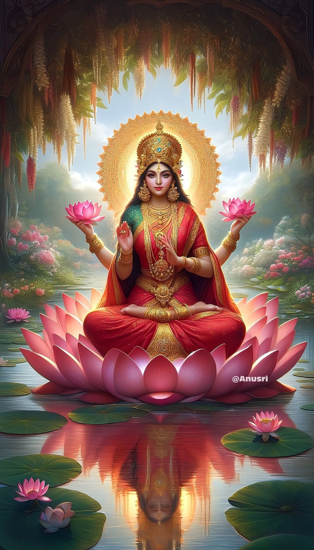Lakshmi Maa seated on lotus flower.