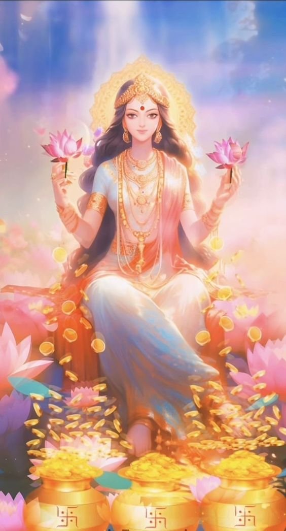 Goddess Lakshmi seated with lotus flowers