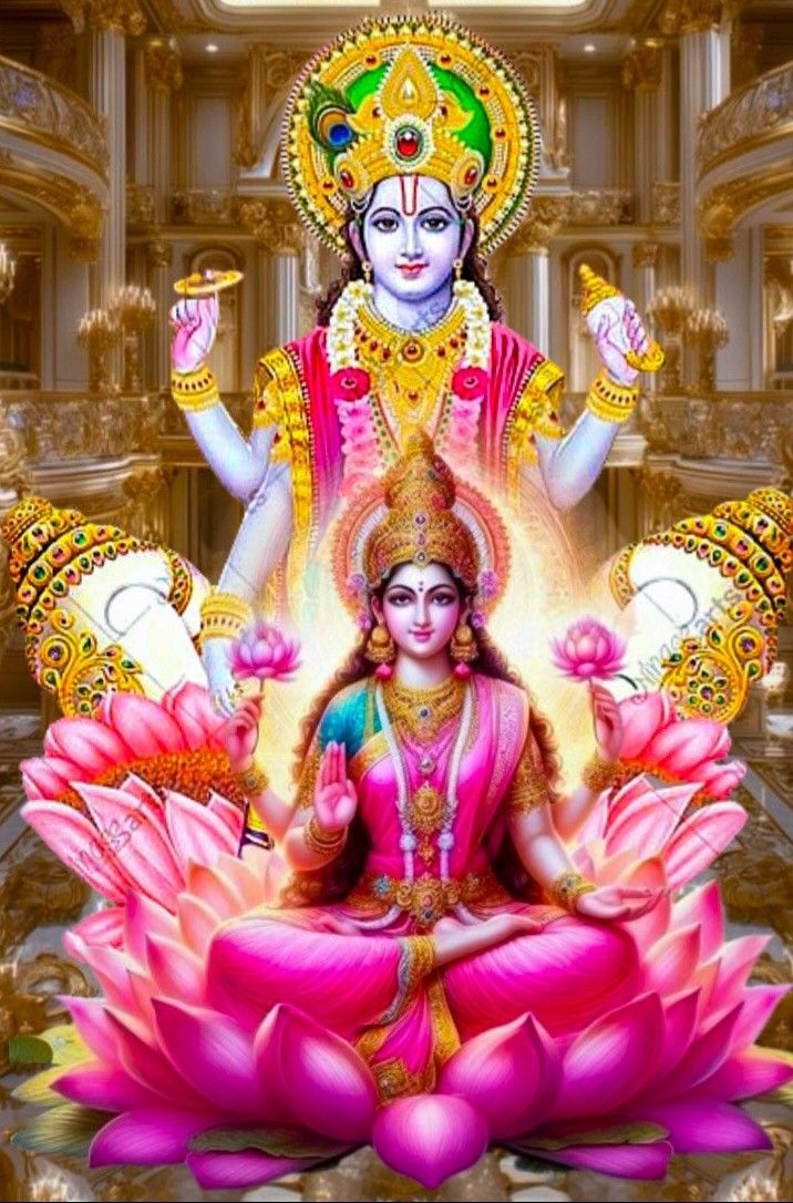 Lakshmi and Vishnu seated on lotus flowers