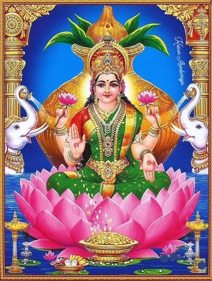 Goddess Lakshmi on a lotus throne.
