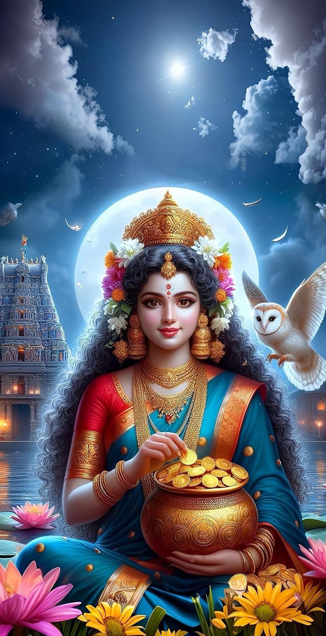 Goddess Lakshmi seated under full moon.