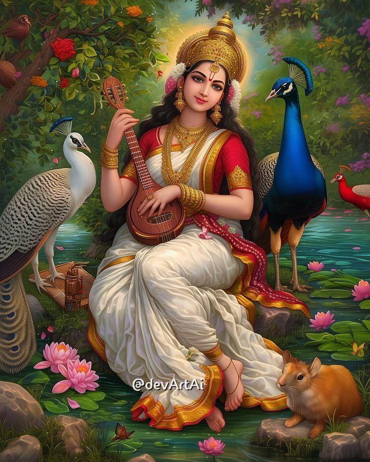 Saraswati playing the veena with peacocks