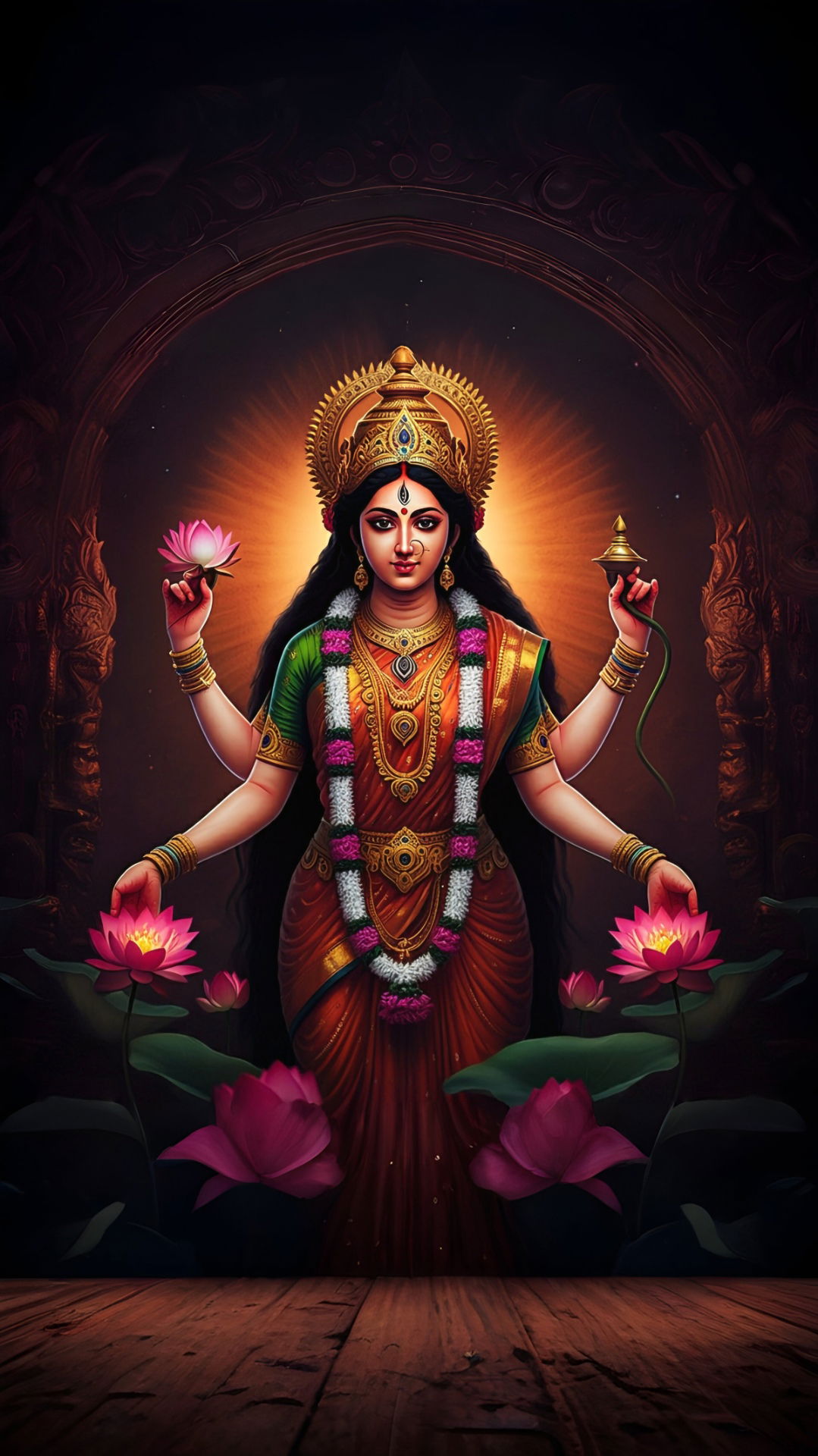 Goddess Lakshmi holding lotus flowers