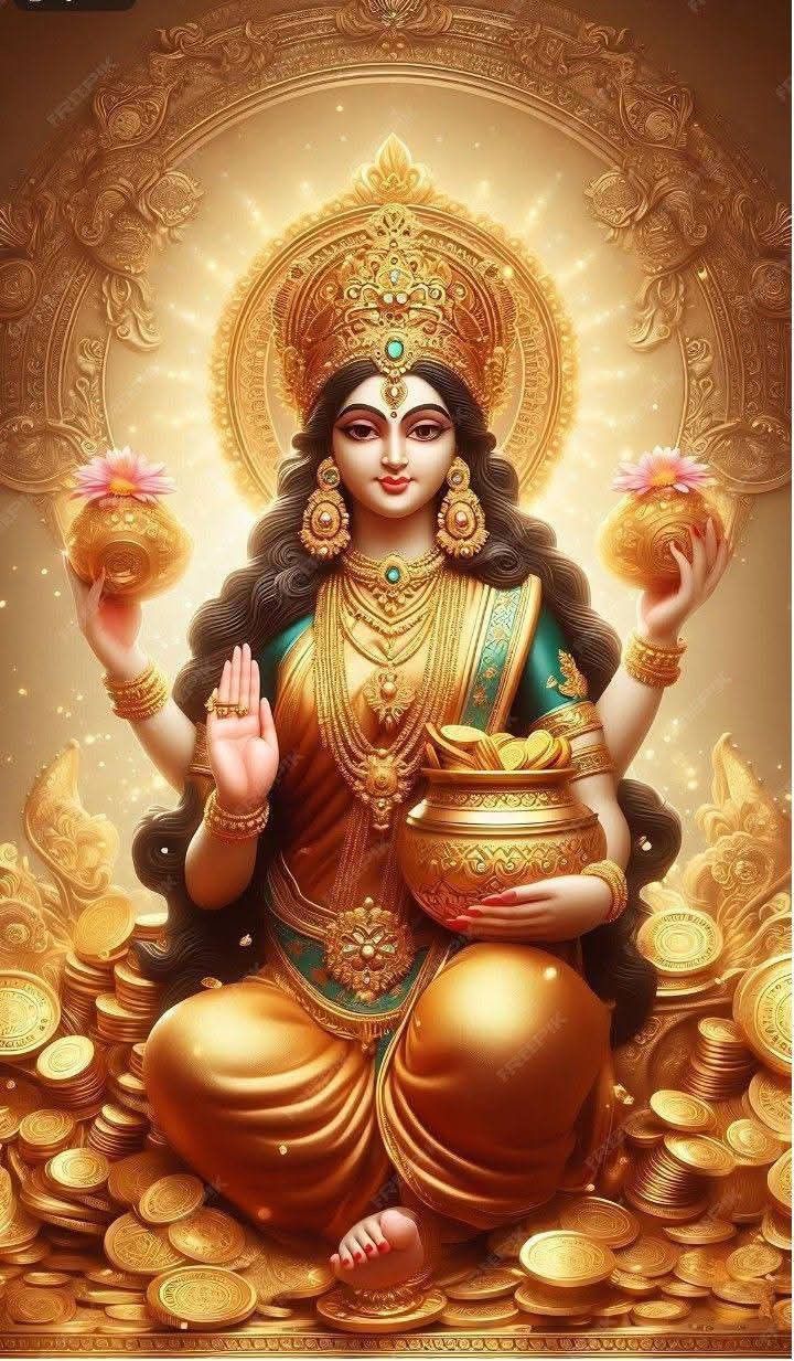 Lakshmi Maa seated on coins, lotus flowers