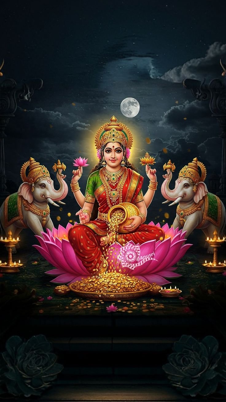 Lakshmi Maa seated on lotus with elephants