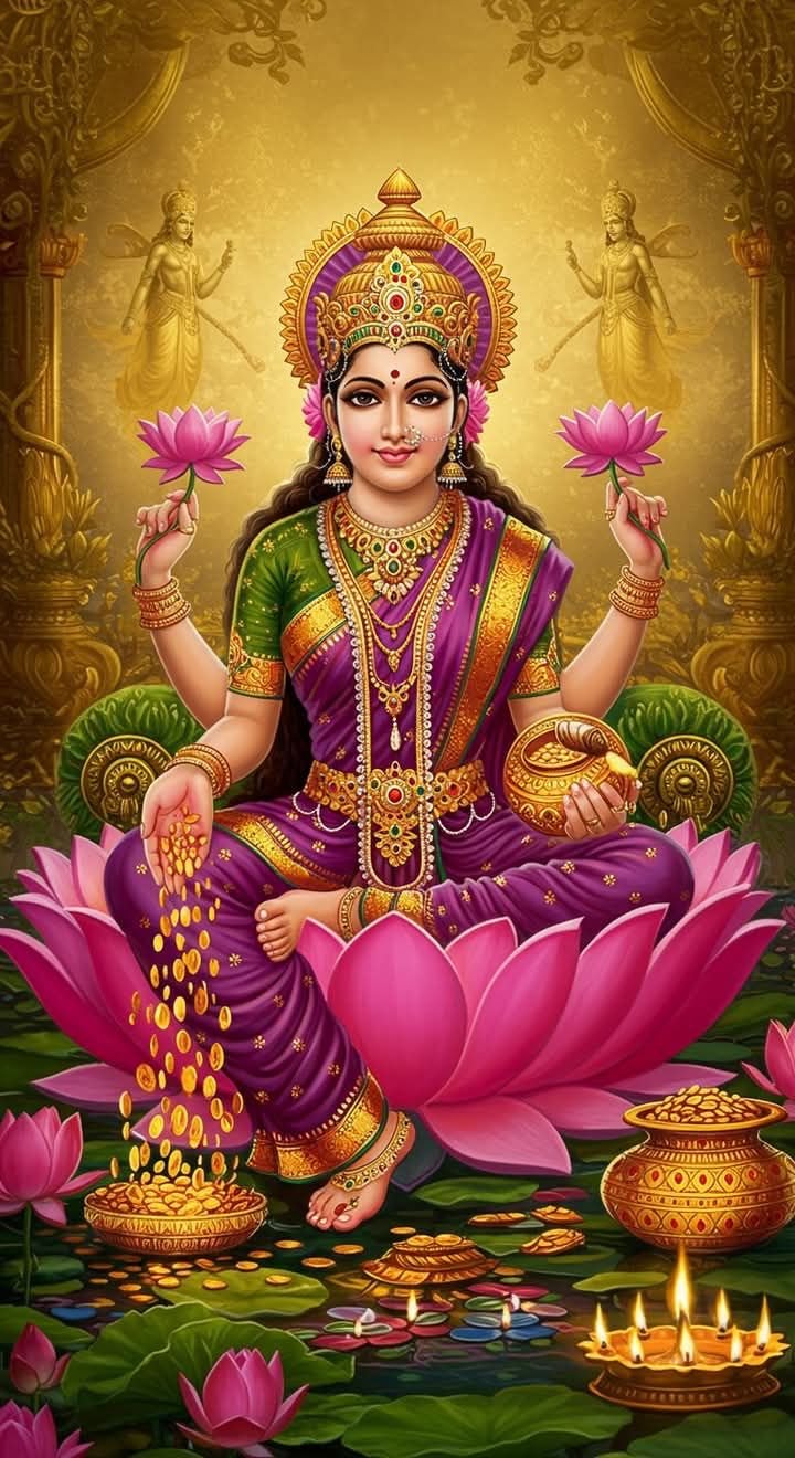 Goddess Lakshmi seated on lotus flower