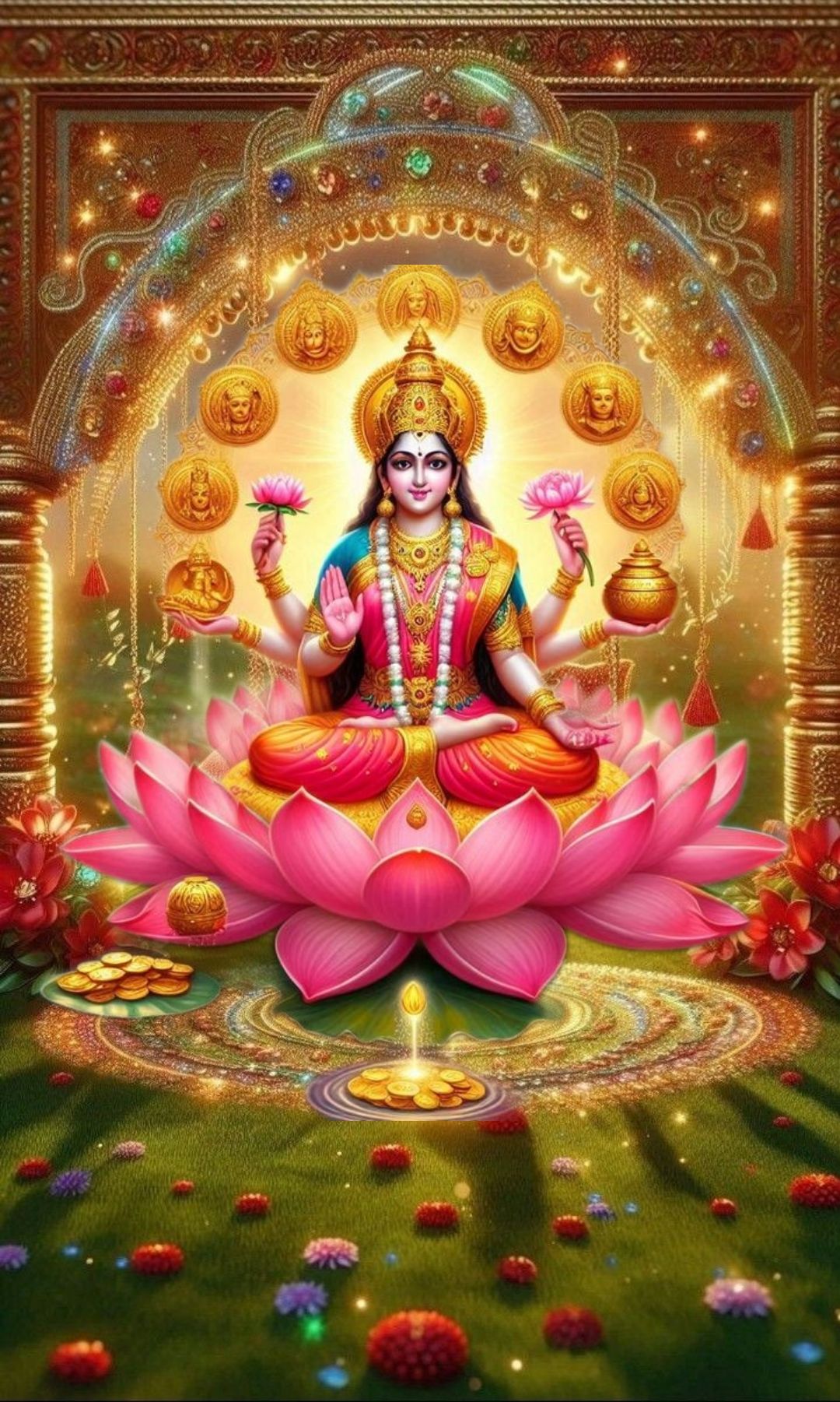 Goddess Lakshmi seated on a lotus.