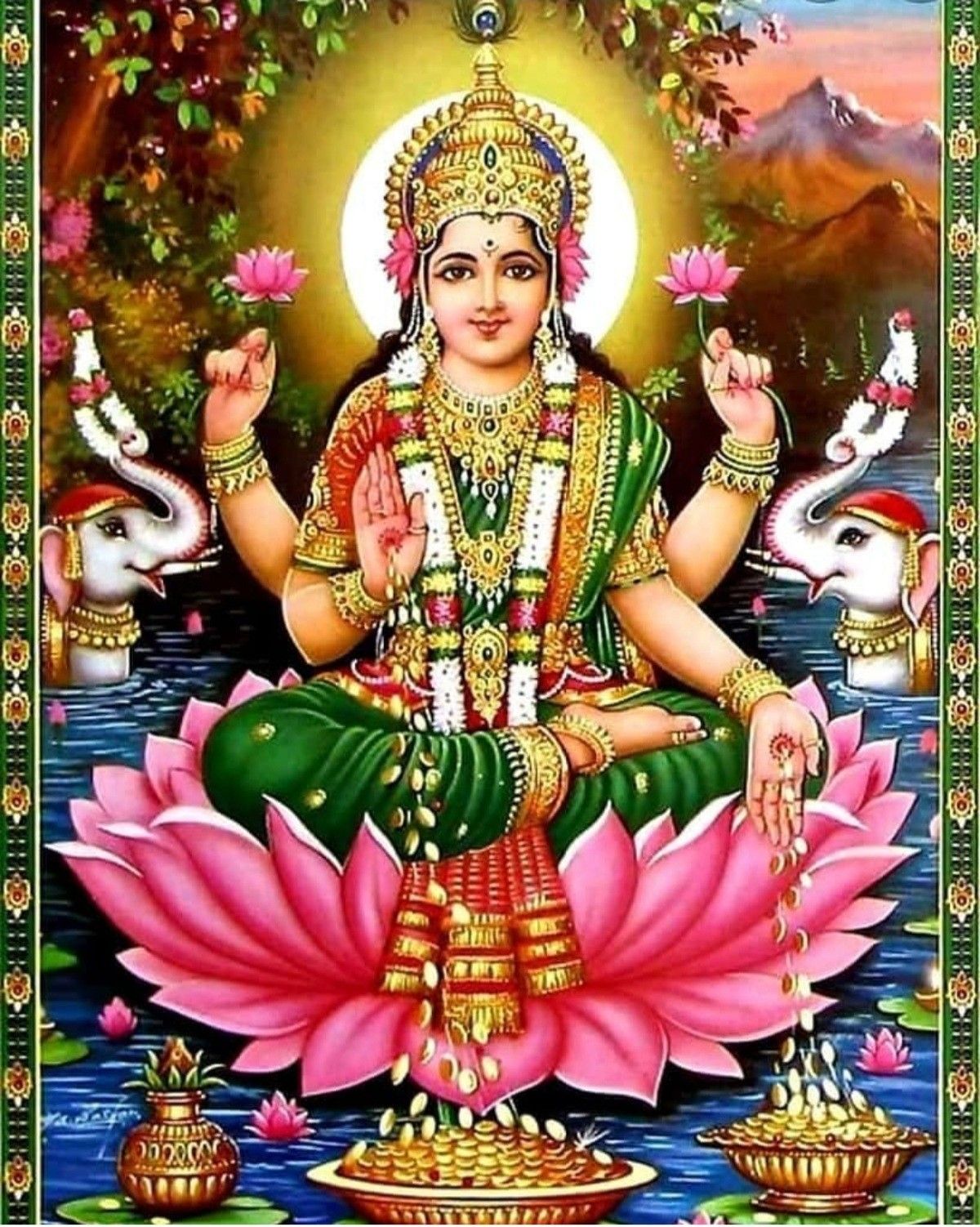 Goddess Lakshmi on lotus with elephants