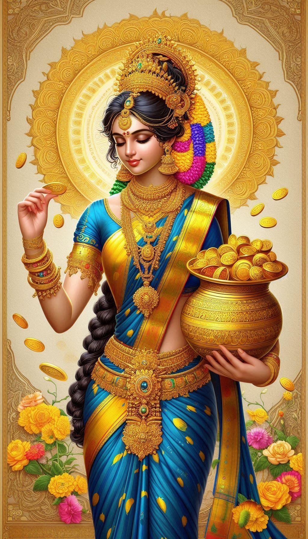 Goddess Lakshmi showering golden coins