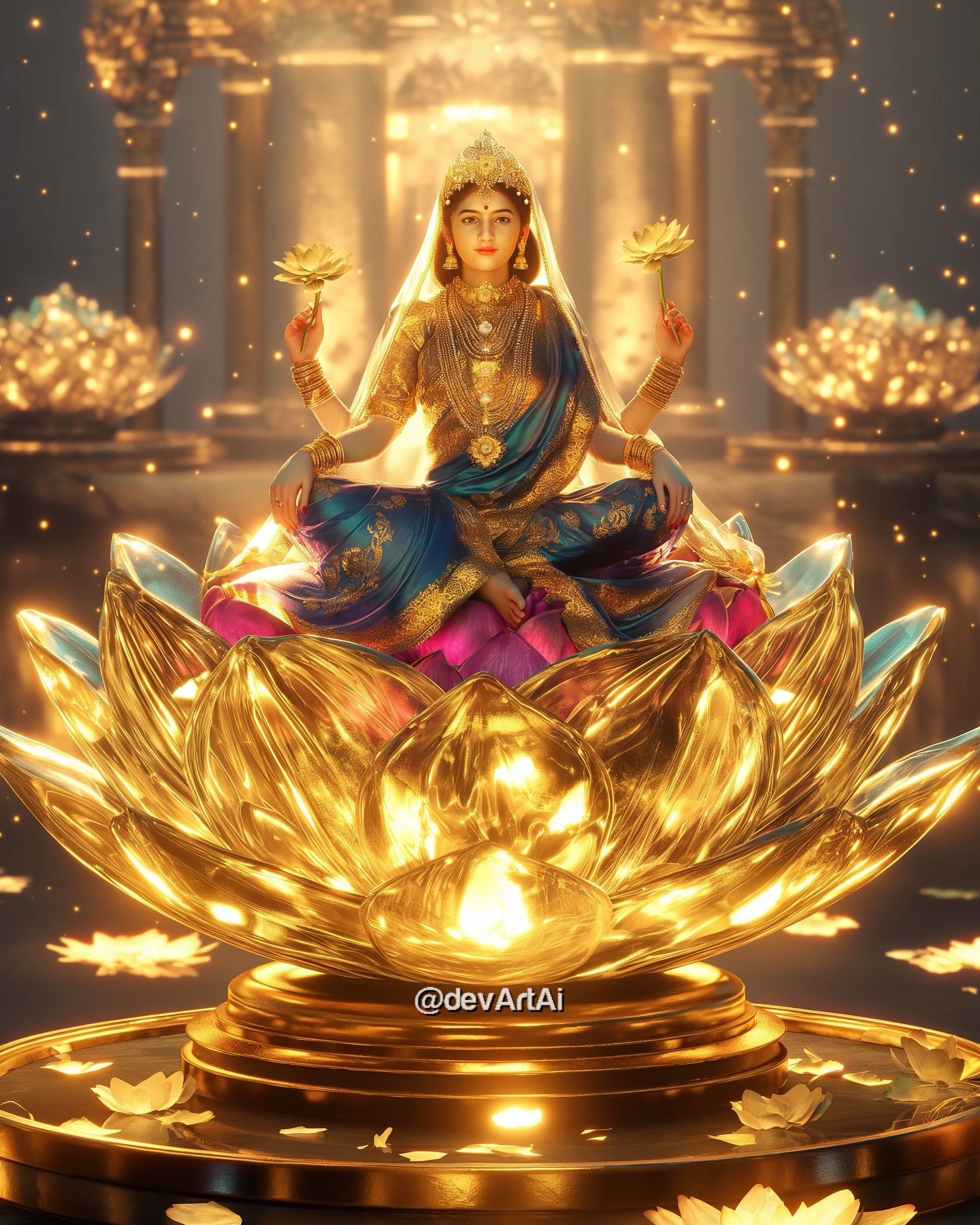 Lakshmi Maa seated on a golden lotus.