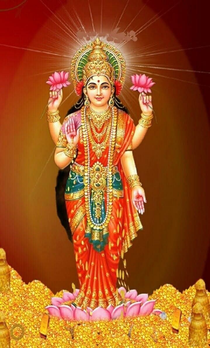 Goddess Lakshmi with lotus flowers.